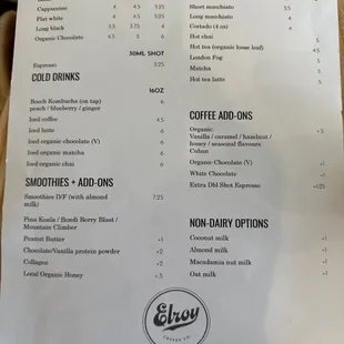 Drink menu