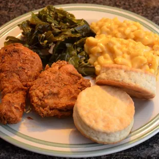 Fried Chicken, Collard Greens Mac &amp; Cheese. Buttermilk Biscuits
