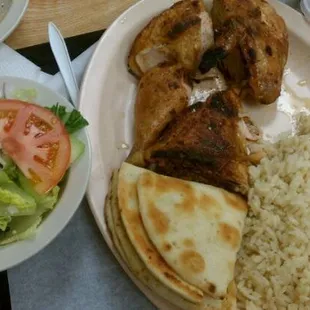 1/2 Greek Chicken plate with rice, Greek Salad, Pita Bread, $9.