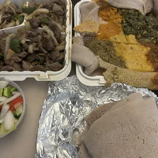 Beef Tibs, Veggie Platter, Injera