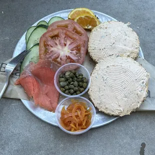 Everything bagel + spicy garlic cream cheese (so good!) + lox and fixings