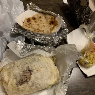 Chicken burrito and pupusa de revuelta