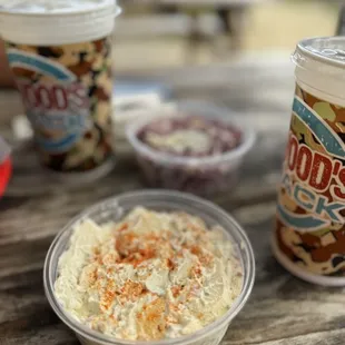 Potato Salad and Blue Cheese and Jalapeño Coleslaw