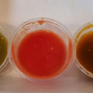 Salsas (left to right) - Green (mild, great), Red (spicy, average), Habanero (very spicy, great flavor)