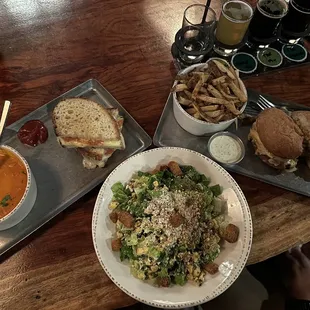 Tomato soup, grilled cheese, elote Caesar salad, off the wagon burger with fries