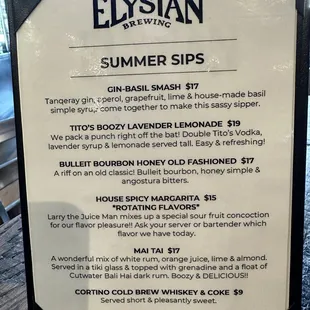 Elysian Summer Sips Menu