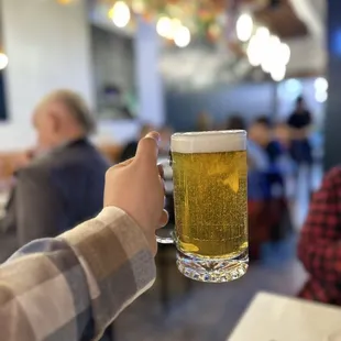 a person holding a glass of beer