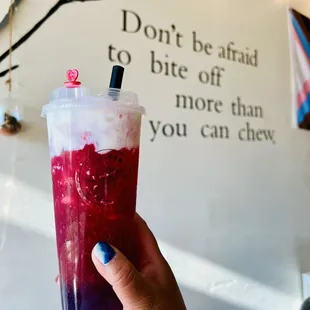 Rose tea with Taro Boba and cheese foam.