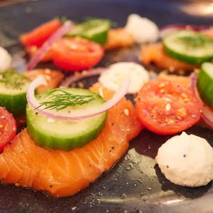 Ora king salmon (&quot;everything spice&quot;, salmon, whipped ricotta, tomato, cucumber, citrus)