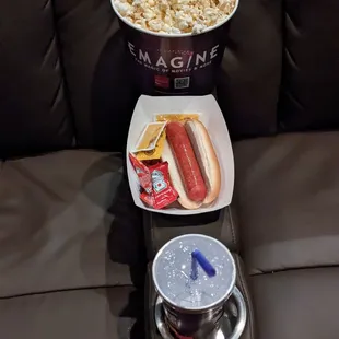 Small popcorn, hot dog, and small diet Barq's cream soda