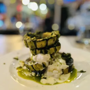 burrata delicata squash, kale and pistachio pesto, sage