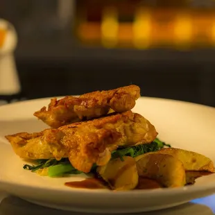 Roasted Amish Chicken  boneless, crispy skin, rosemary-lemon Yukon potatoes, spicy broccoli rabe, pan sauce