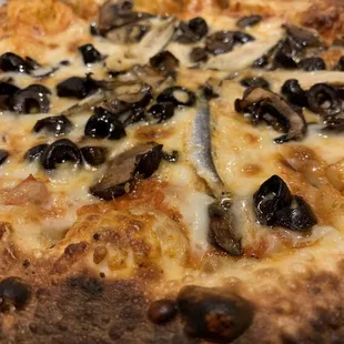 Pizza with black olives, mushrooms &amp; anchovies