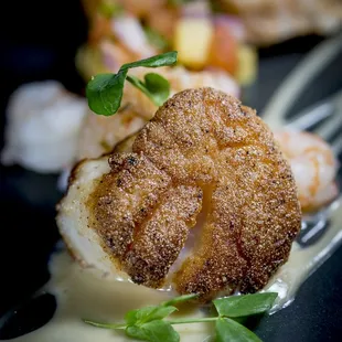 a scallop on a plate with a fork