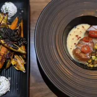 Roasted carrots and scallops with corn mousse