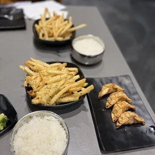 Appetizers: regular French fries, French fries with Parmesan Cheese and Pot stickers. All were good!