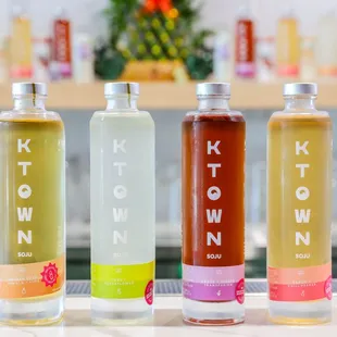 KTOWN Soju. Korean Pear, Perilla &amp; Lime; Yuzu &amp; Elderflower; Grape &amp; Ginger; and Peach &amp; Chili Pepper