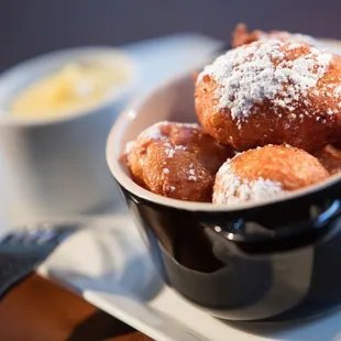 Bacon Beignets powdered sugar, lemon curd