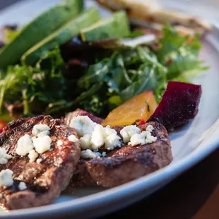 Beef Medallions with Roasted Beets Maytag bleu cheese, arugula, mixed greens, avocado, toy box cherry tomatoes, balsamic vinaigrette