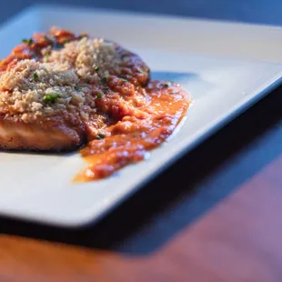 Seared Atlantic Salmon sun-dried tomato pesto, herb bread crumbs