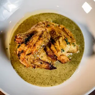 Slow Roast Chicken 1/2 chicken, roasted, creamy walnut &amp; rosemary pesto