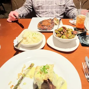 Steak, mash potatoes, Brussel sprouts