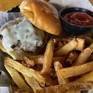 a cheeseburger and fries