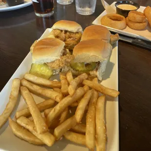 Chicken sliders, onion rings