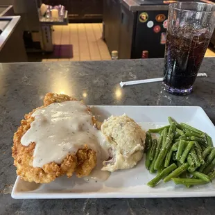 Chicken fried chicken with mash, and substitute green beans for broccoli