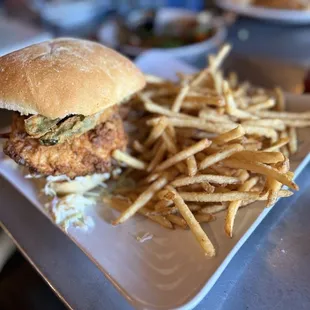 Souther chicken sandwich and French fries