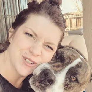 My name is Ember I am the owner of Embie's and this is my pit bull, Diesel.