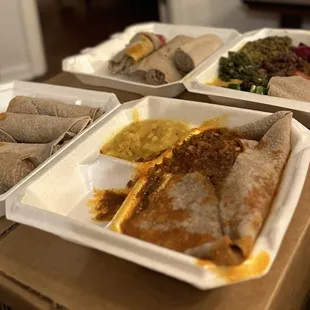 Fish dulet, injera, lentils, Awaze Beef Tibs