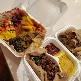 Veggie special and lamb yebeg tibs. About a pound of injera!!!!