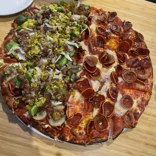 Great pizza!  Pic is half pepperoni and half all the way.  We also love their special salad, so yummy!