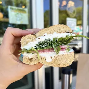 Everything bagel with cream cheese, watermelon radish, arugula