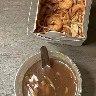 Small Hot sour soup and small shrimp lo mein