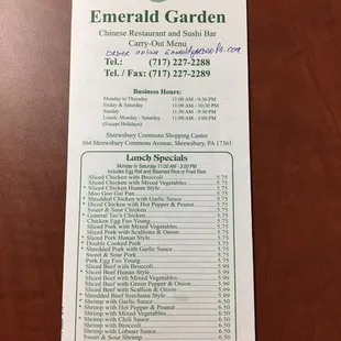 menu for lunch specials