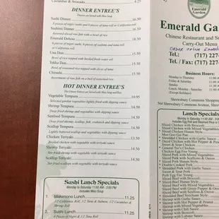 the menu of the restaurant
