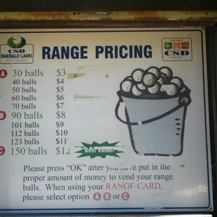 Range Pricing chart for driving range.