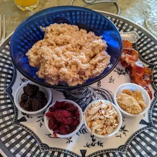 Oatmeal with a side of bacon for breakfast