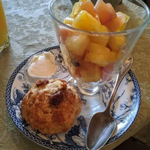 Fruit and scone at breakfast after a restful night in the inn