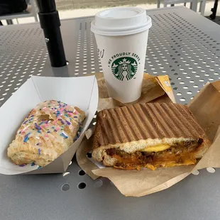 Egg and Chorizo Panini, Honey Streamer, and Blueberry Emer-treat