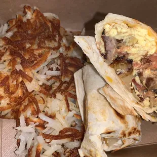 a breakfast burrito and hash browns