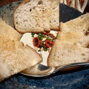 Whipped Feta  (fig jam, pickled Fresno chiles, Marcona almonds, 16 Bricks sourdough crostinis V, GFR) $14