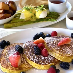 Ricotta Pancakes  Poached eggs with asparagus and hollandaise sauce