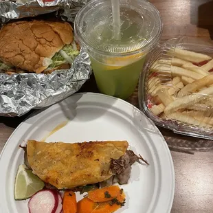 Quesabirria, Chicken Torta, Side of Fries, and Cucumber Lemonade Agua Fresca