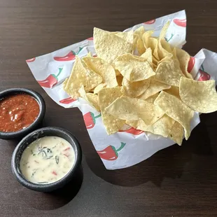 Complimentary Chips, Thick, Medium Salsa and Delicious Espinaca Dip