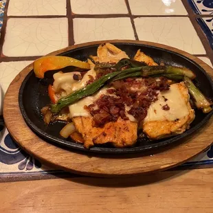 Emiliano's Fajitas, steamed vegetables