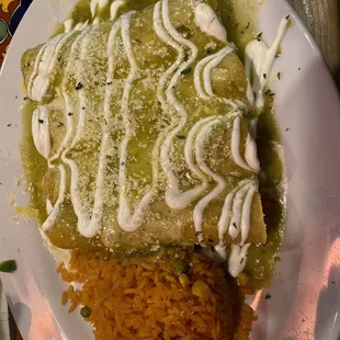 Enchiladas Suizas with rice