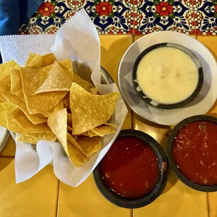 Chips with cheese dip and salsa